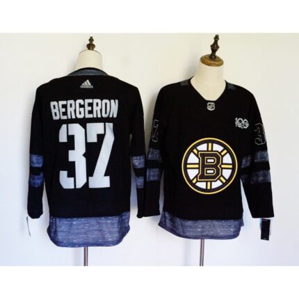 Men's Adidas Boston Bruins #37 Patrice Bergeron Black 1917-2017 100th Anniversary Stitched NHL Jersey