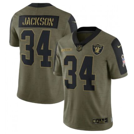 Men's Las Vegas Raiders #34 Bo Jackson 2021 Olive Salute To Service Limited Stitched Jersey