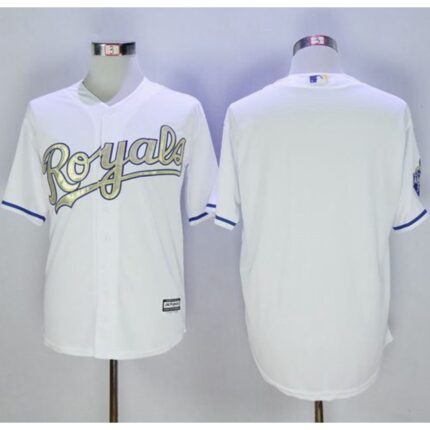 Royals Blank White New Cool Base 2015 World Series Champions Gold Program Stitched MLB Jersey